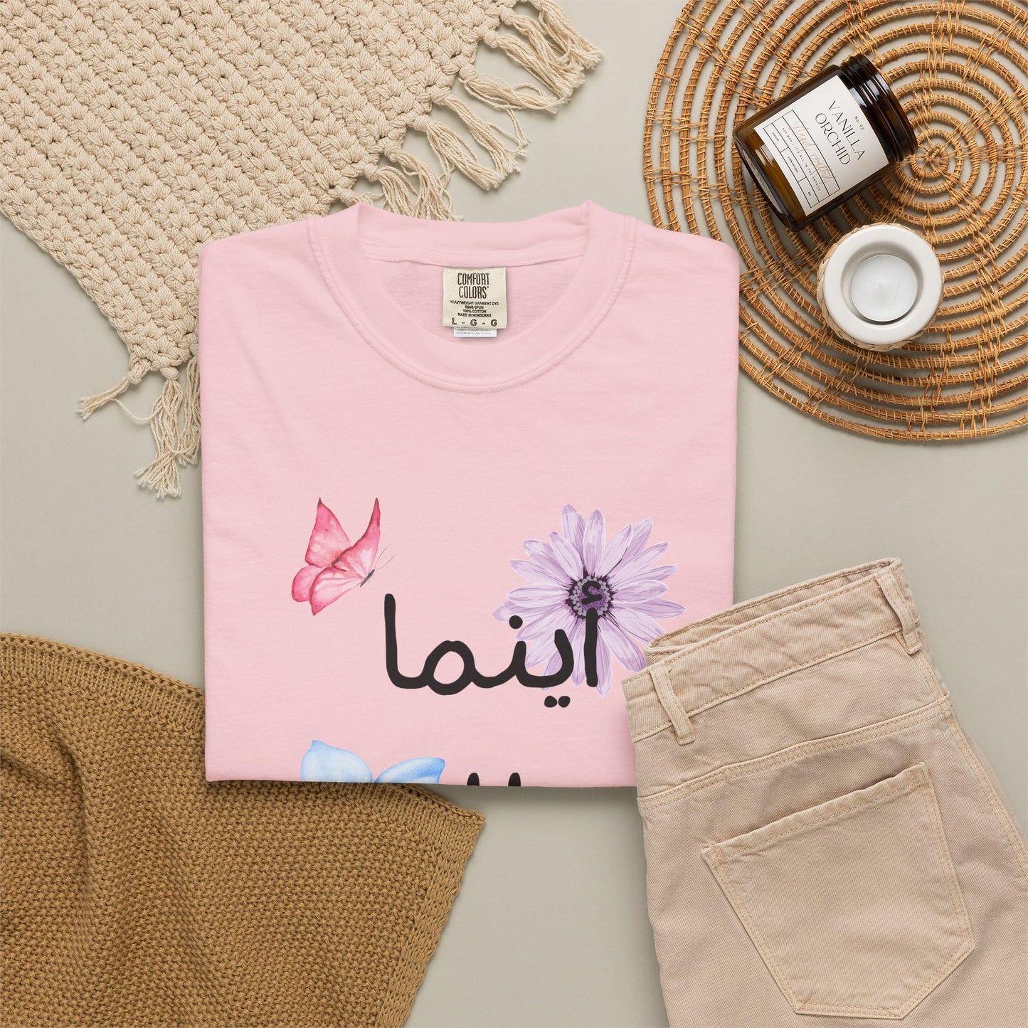 Floral Arabic Script T-Shirt — "أينما حللت أزهرت" Wherever I go, I bloom