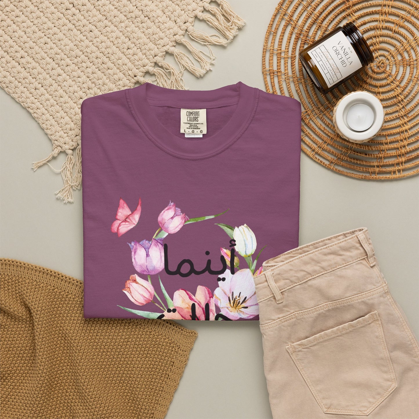Floral Arabic Calligraphy T-Shirt — "أينما حللت أزهرت" Wherever I go, I bloom
