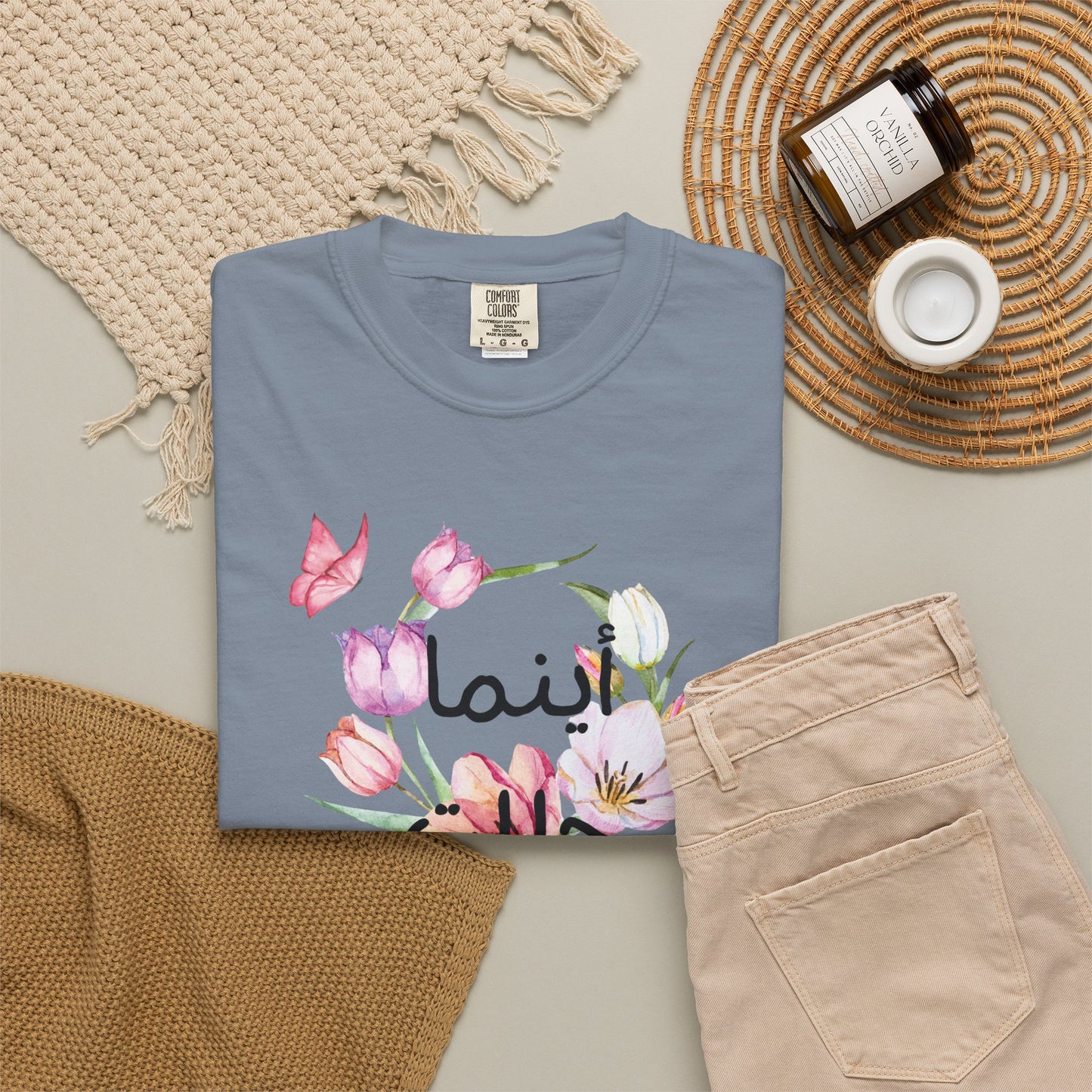 Floral Arabic Calligraphy T-Shirt — "أينما حللت أزهرت" Wherever I go, I bloom
