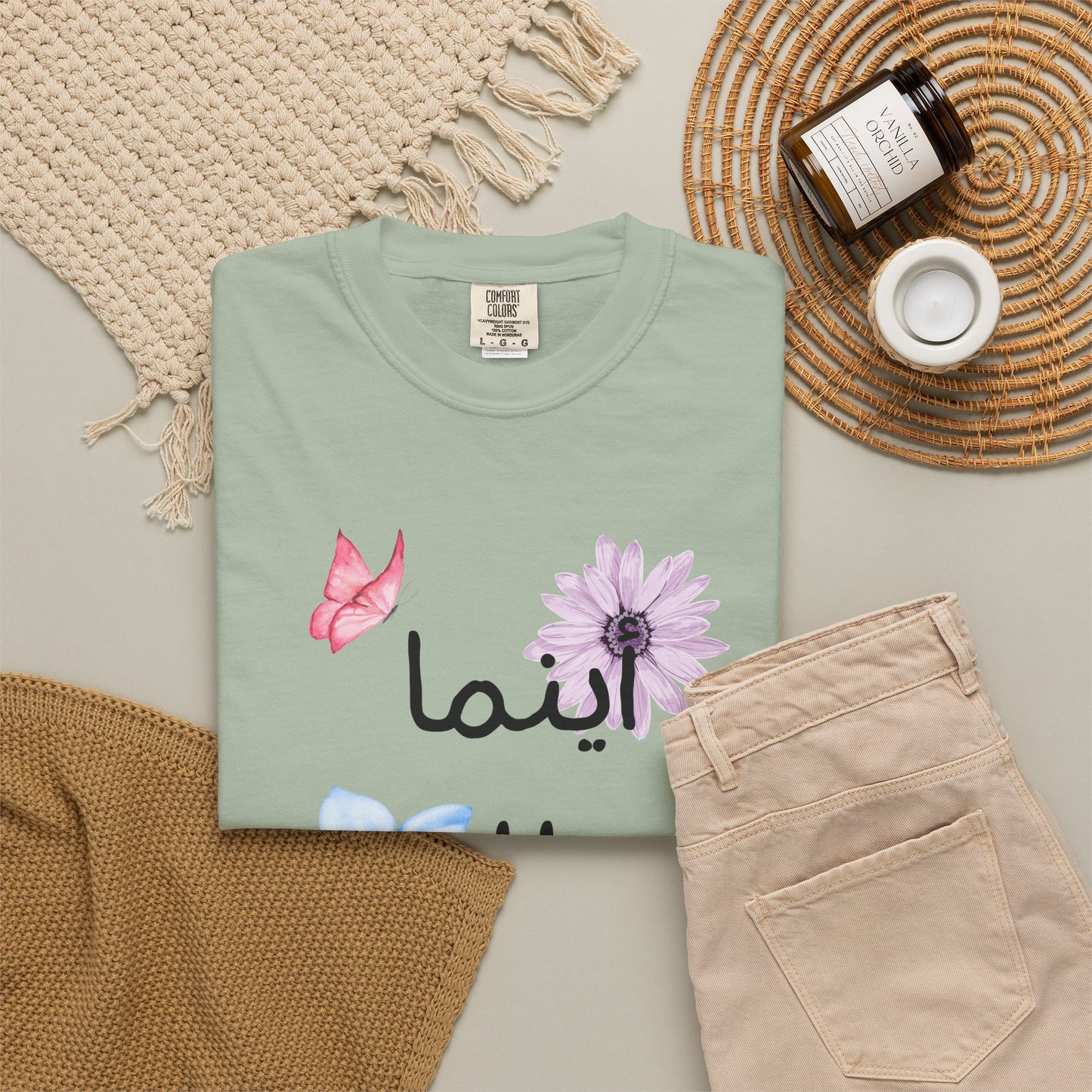 Floral Arabic Script T-Shirt — "أينما حللت أزهرت" Wherever I go, I bloom