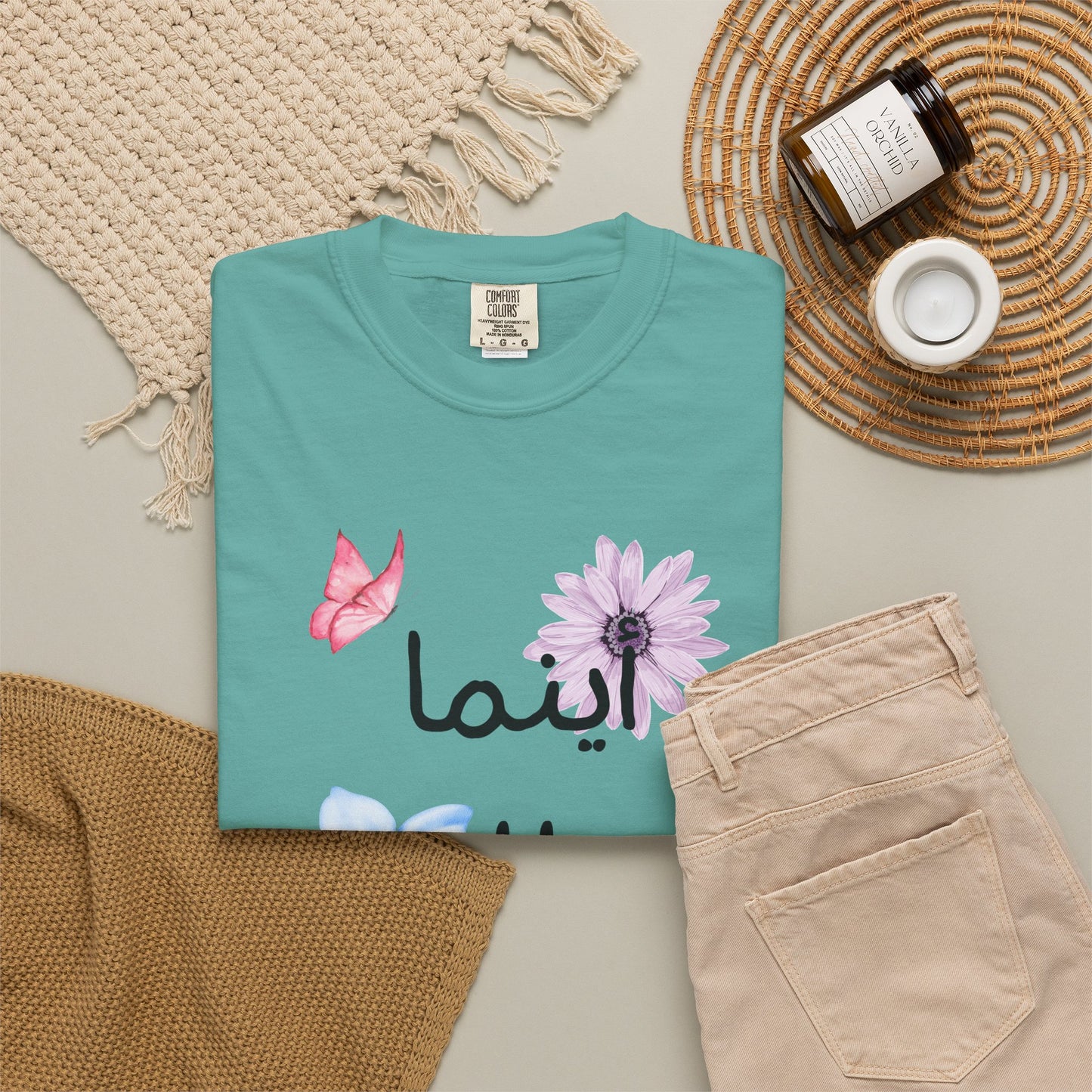 Floral Arabic Script T-Shirt — "أينما حللت أزهرت" Wherever I go, I bloom