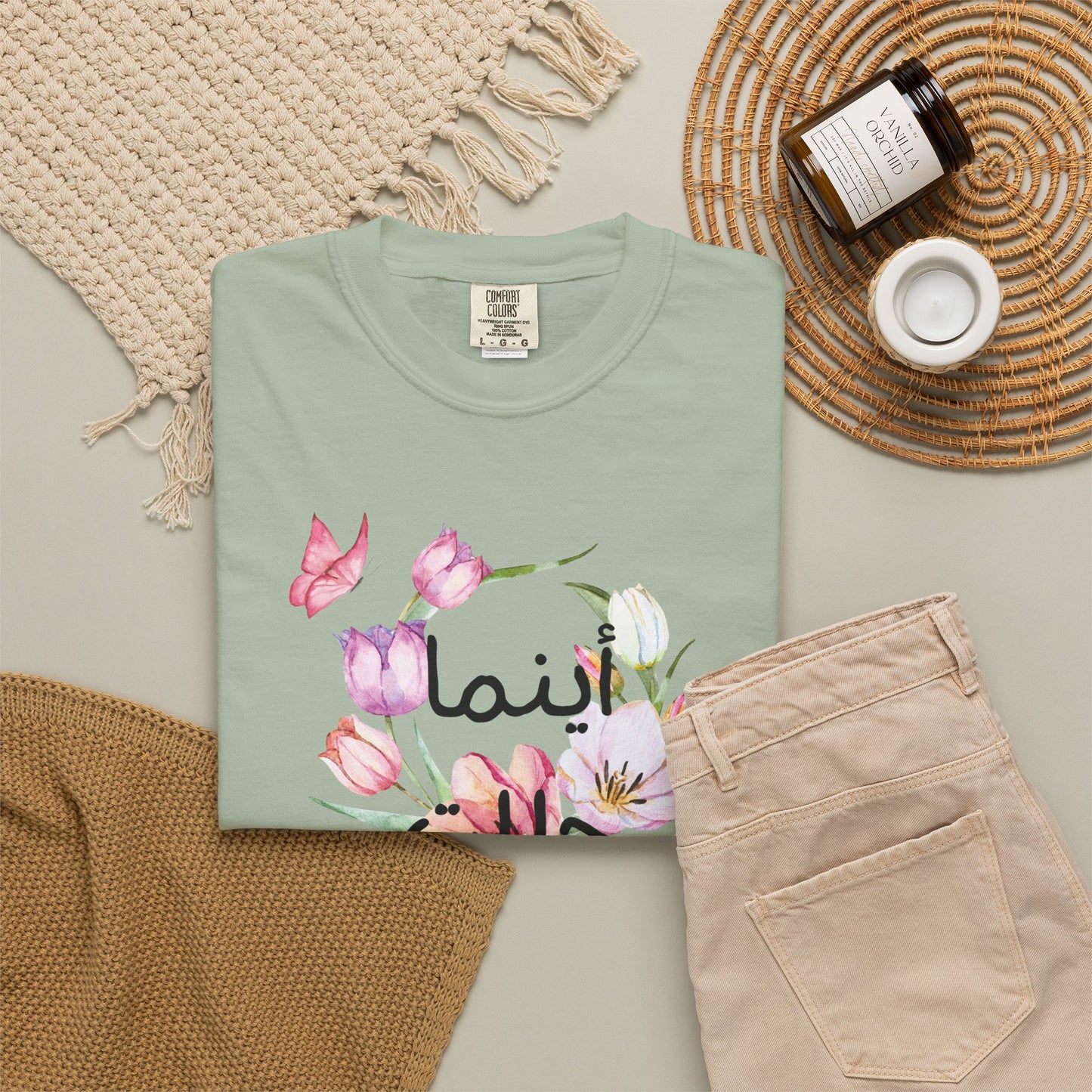 Floral Arabic Calligraphy T-Shirt — "أينما حللت أزهرت" Wherever I go, I bloom