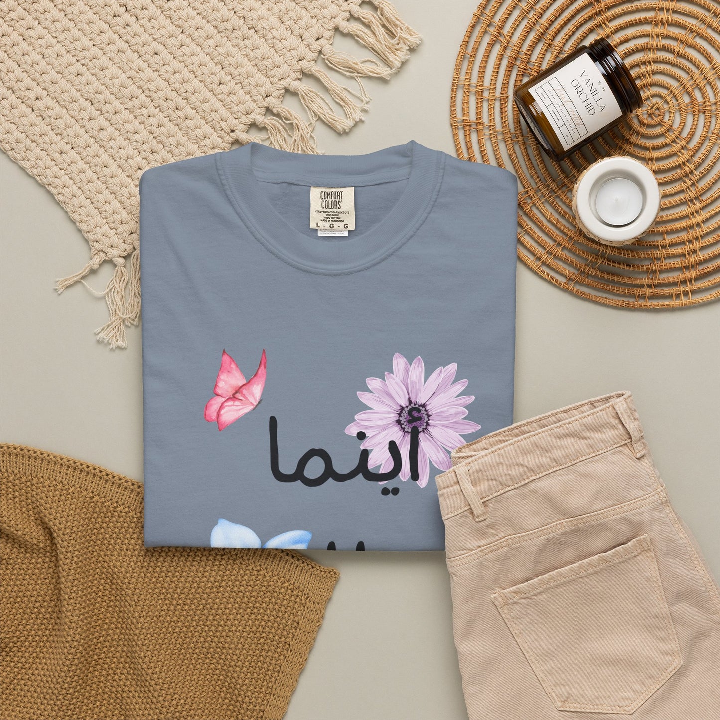 Floral Arabic Script T-Shirt — "أينما حللت أزهرت" Wherever I go, I bloom